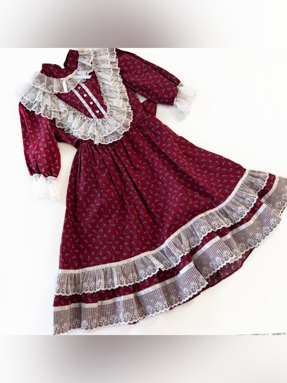 Mini World Dress Girls 10 Prairie Maroon Floral Cottagecore Vintage Lace Ruffles